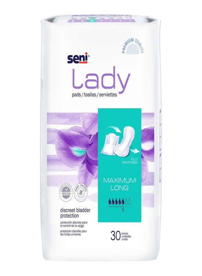 Seni Lady Discrete Bladder Control Pads with Adhesive Strip, 30 Count (1 Pack of 30), Maximum Absorbency Level, Long, 11" Length with Super Absorbent Core and Odor Control - Image 1